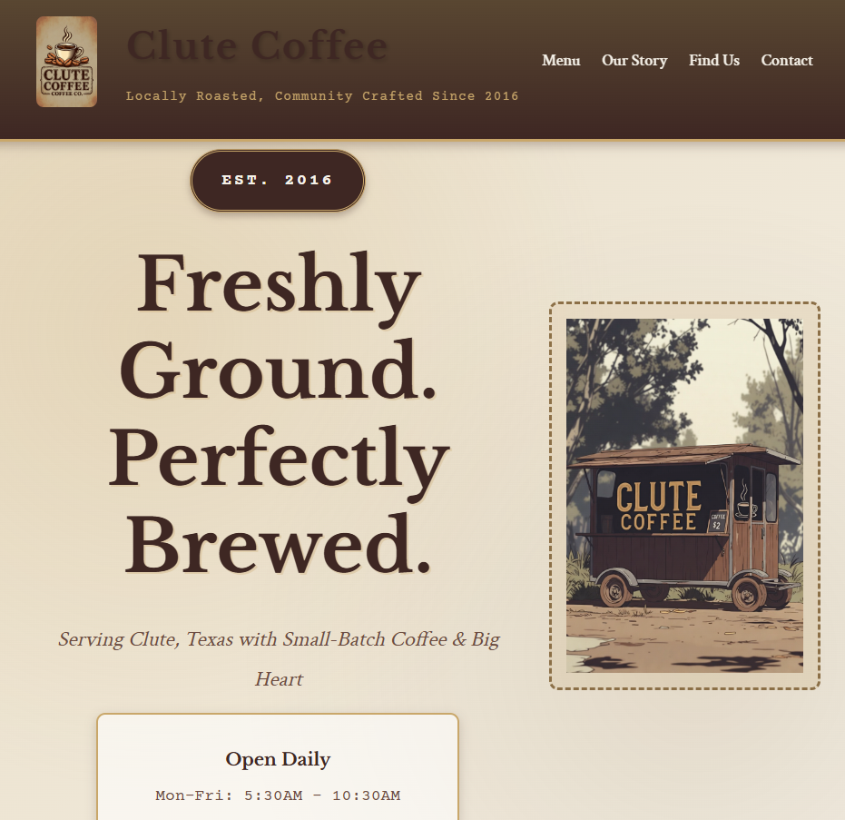 Clute Coffee food truck website with menu — built by Eagle Digital